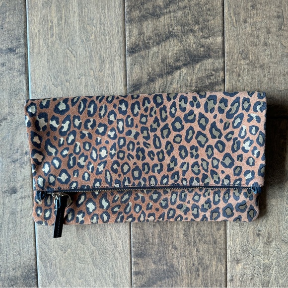 Clare V Foldover Clutch in Cognac Metal Cat, Leopard - Picture 3 of 5